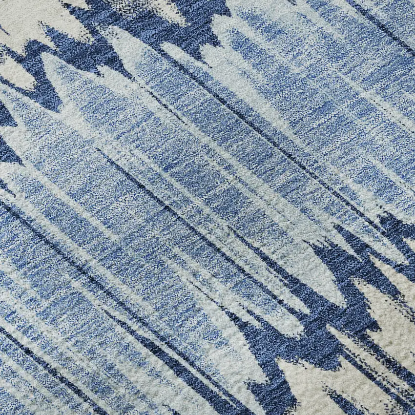 8' Navy Blue Ivory And Gray Striped Washable Round Rug With UV Protection Photo 9