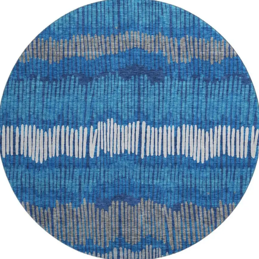 8' Navy Blue Ivory And Gray Striped Washable Round Rug With UV Protection Photo 3