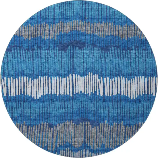 8' Navy Blue Ivory And Gray Striped Washable Round Rug With UV Protection Photo 4