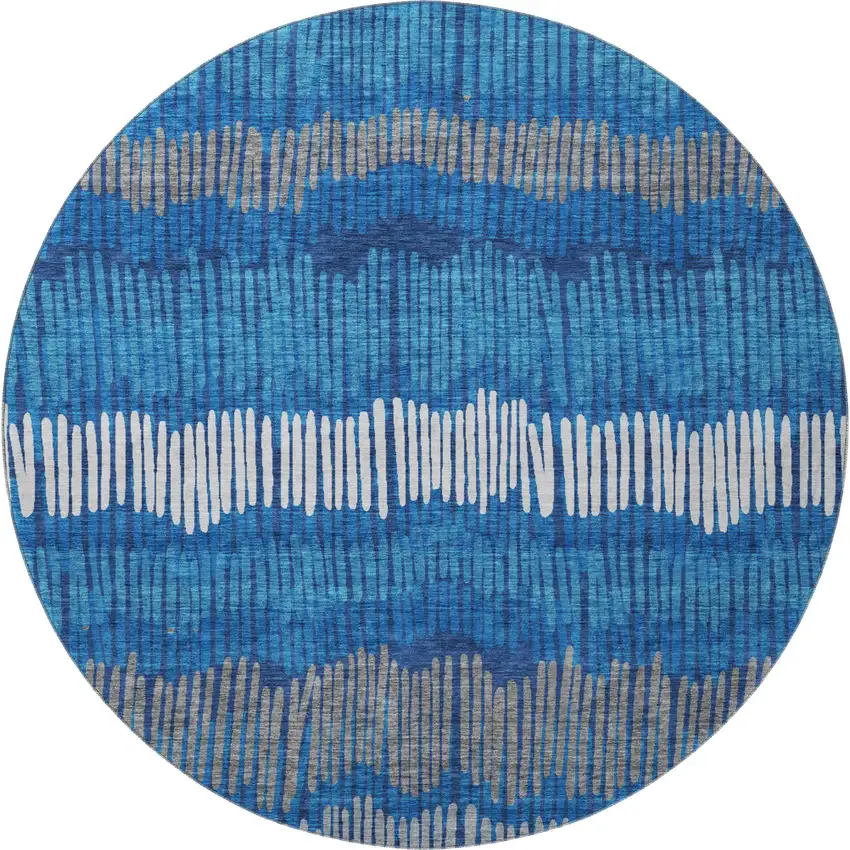 8' Navy Blue Ivory And Gray Striped Washable Round Rug With UV Protection Photo 4