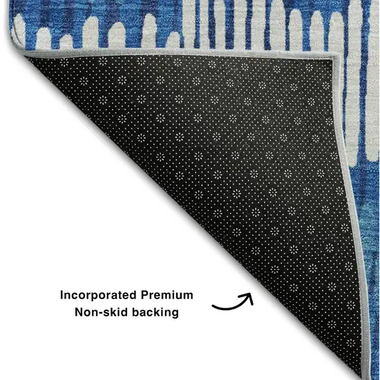 8' Navy Blue Ivory And Gray Striped Washable Round Rug With UV Protection Photo 6