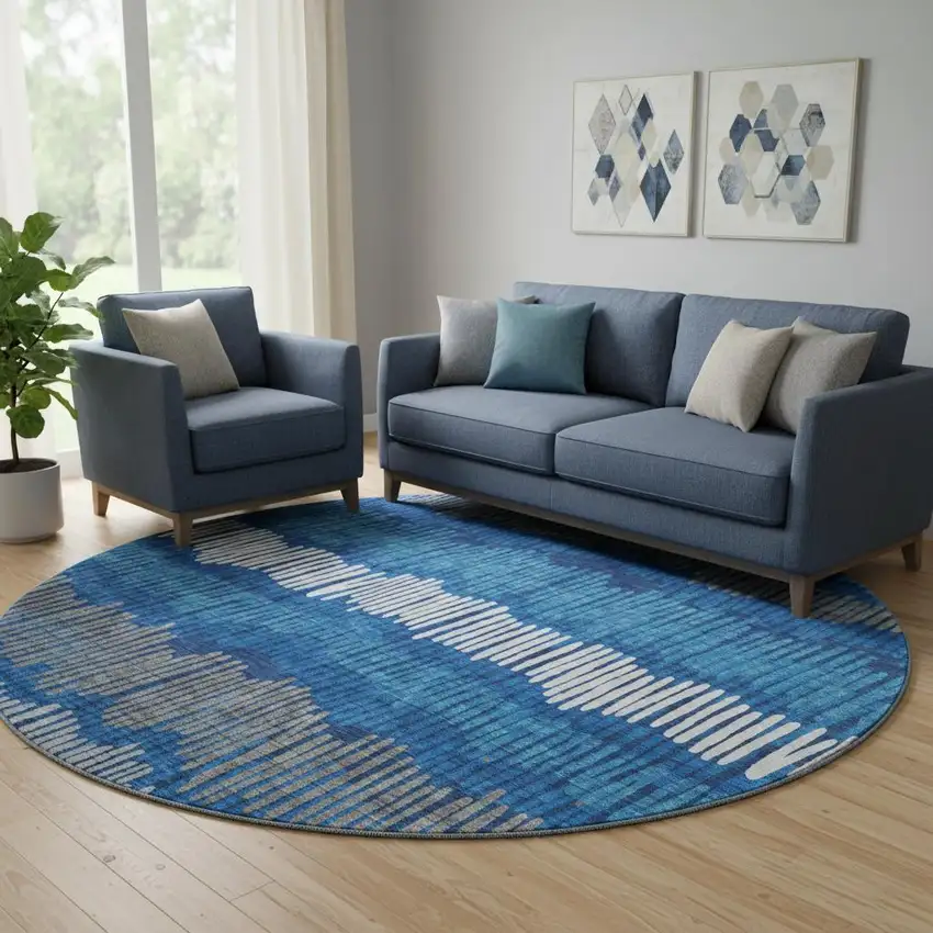 8' Navy Blue Ivory And Gray Striped Washable Round Rug With UV Protection Photo 1