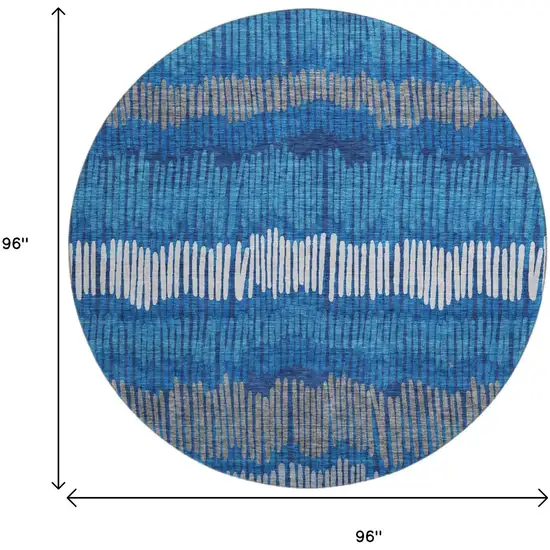 8' Navy Blue Ivory And Gray Striped Washable Round Rug With UV Protection Photo 8