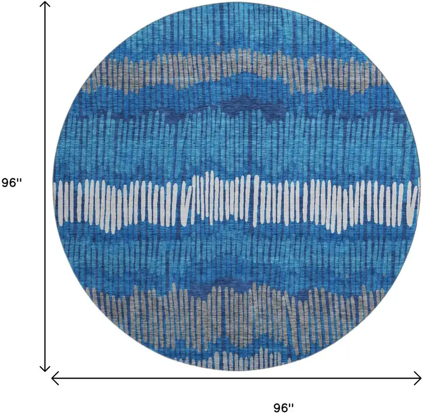 8' Navy Blue Ivory And Gray Striped Washable Round Rug With UV Protection Photo 8