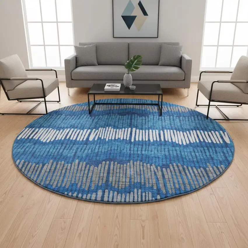 8' Navy Blue Ivory And Gray Striped Washable Round Rug With UV Protection Photo 2