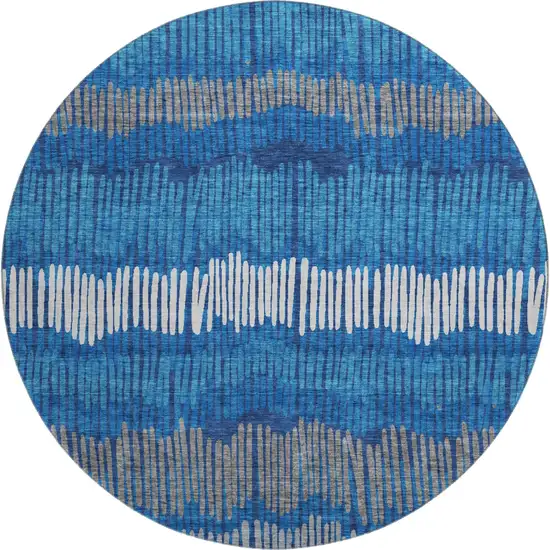 8' Navy Blue Ivory And Gray Striped Washable Round Rug With UV Protection Photo 1