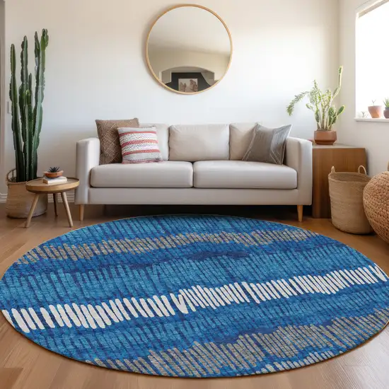 8' Navy Blue Ivory And Gray Striped Washable Round Rug With UV Protection Photo 5