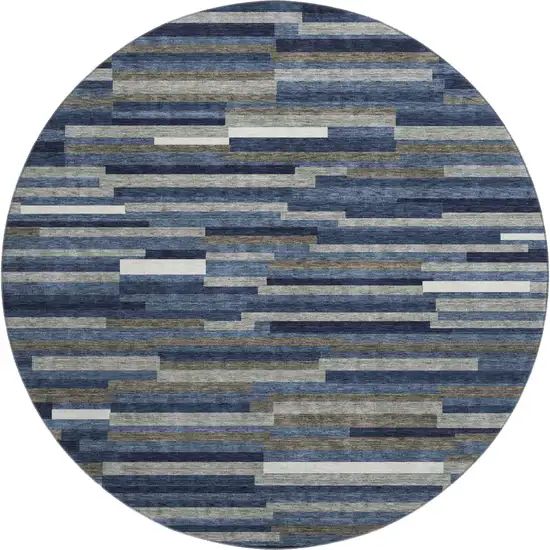 8' Navy Blue Ivory And Gray Striped Washable Round Rug With UV Protection Photo 1