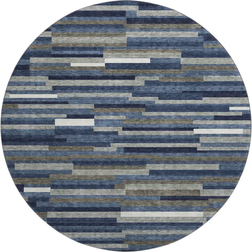 8' Navy Blue Ivory And Gray Striped Washable Round Rug With UV Protection Photo 1