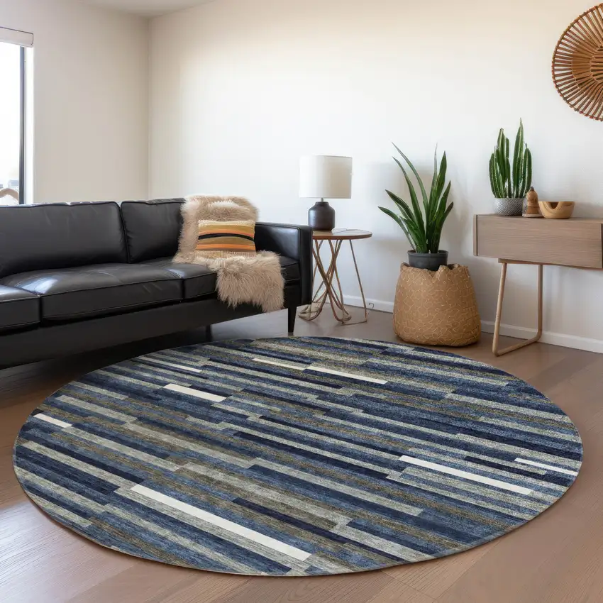 8' Navy Blue Ivory And Gray Striped Washable Round Rug With UV Protection Photo 5