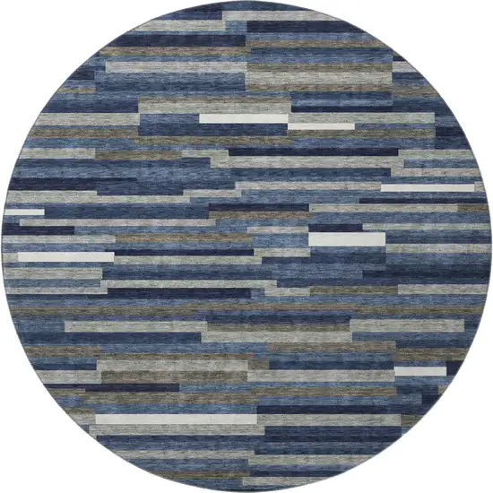 8' Navy Blue Ivory And Gray Striped Washable Round Rug With UV Protection Photo 4