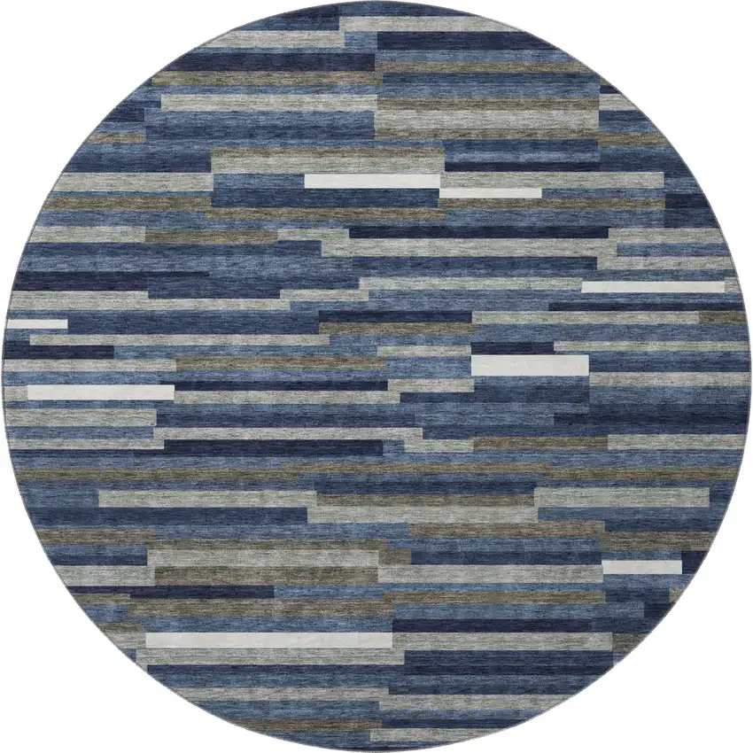 8' Navy Blue Ivory And Gray Striped Washable Round Rug With UV Protection Photo 4
