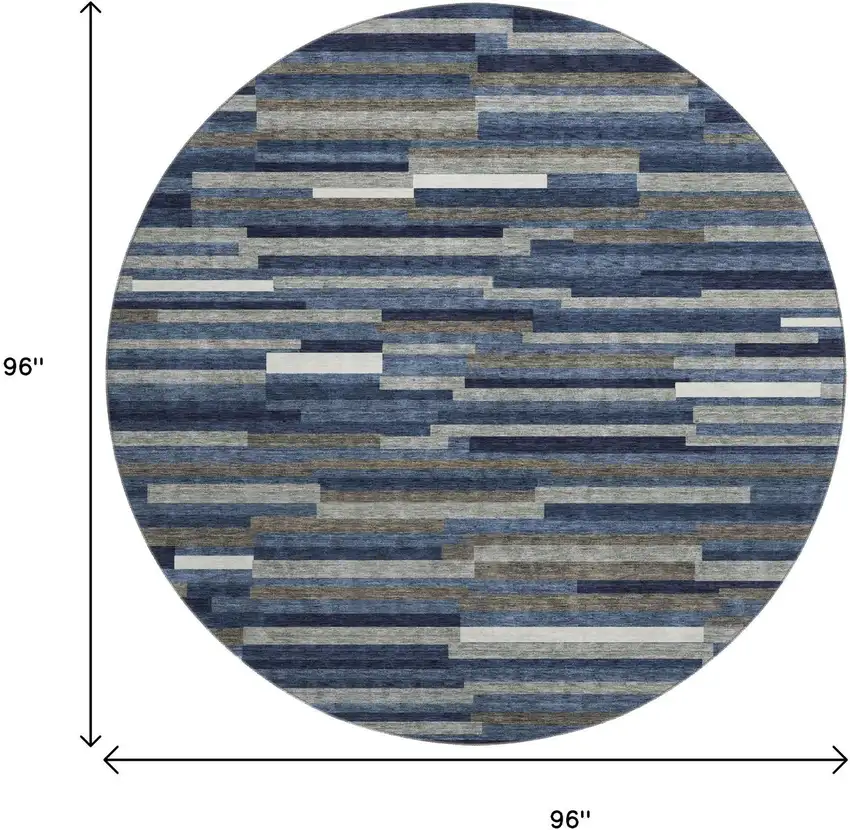 8' Navy Blue Ivory And Gray Striped Washable Round Rug With UV Protection Photo 8