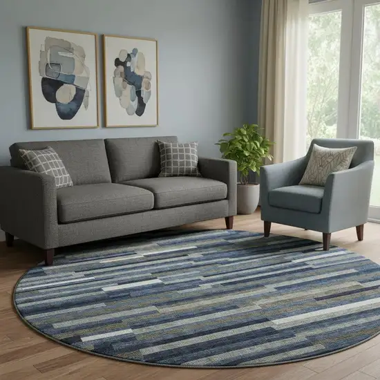 8' Navy Blue Ivory And Gray Striped Washable Round Rug With UV Protection Photo 1