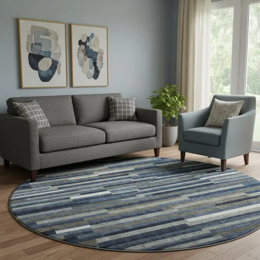 8' Navy Blue Ivory And Gray Striped Washable Round Rug With UV Protection Photo 1