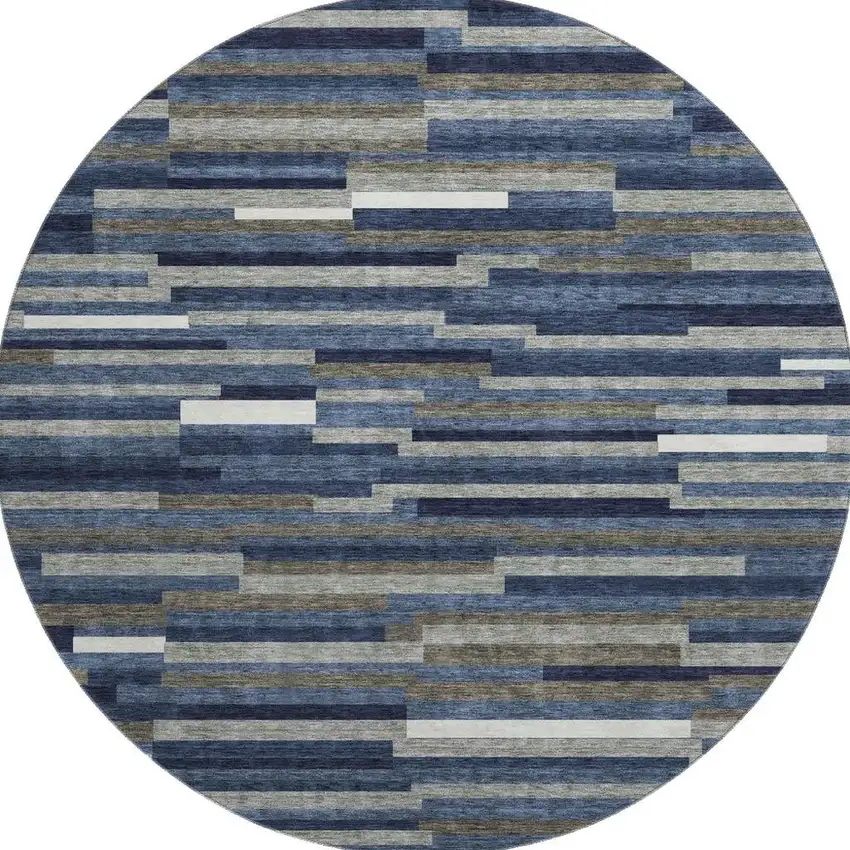 8' Navy Blue Ivory And Gray Striped Washable Round Rug With UV Protection Photo 3