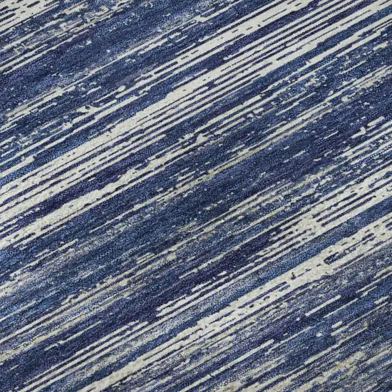 8' Navy Blue Ivory And Gray Striped Washable Round Rug With UV Protection Photo 8