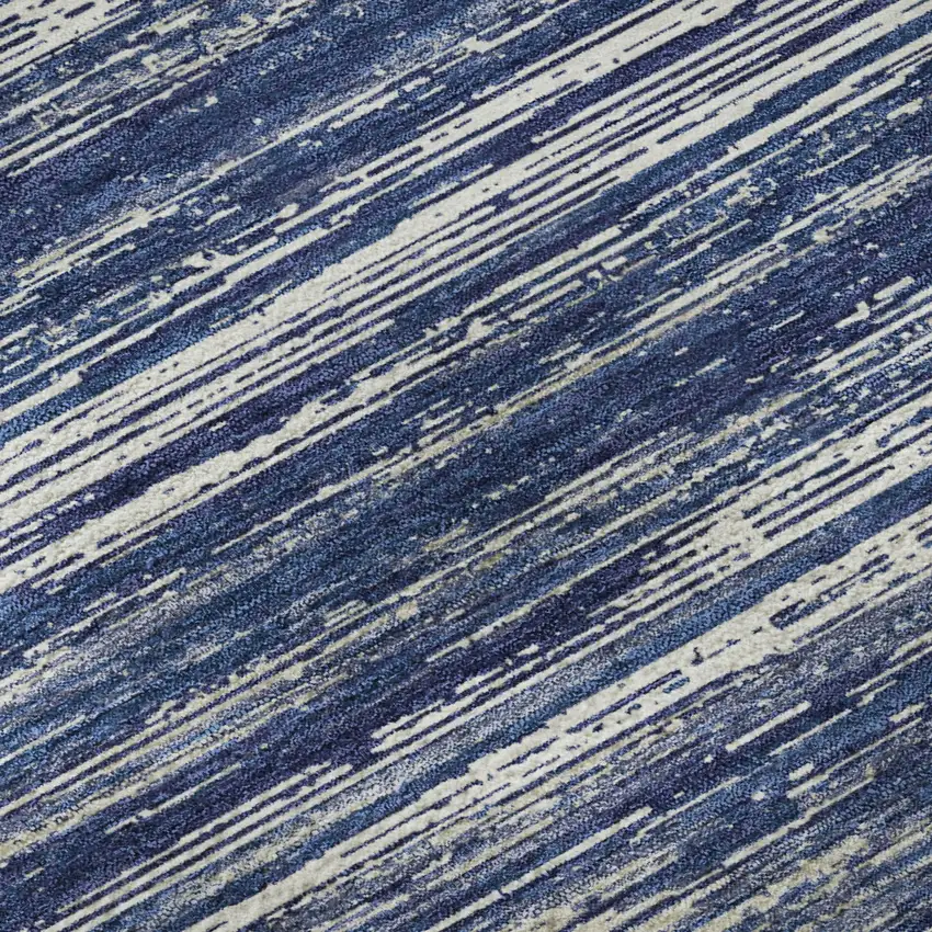 8' Navy Blue Ivory And Gray Striped Washable Round Rug With UV Protection Photo 8