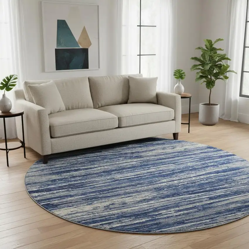 8' Navy Blue Ivory And Gray Striped Washable Round Rug With UV Protection Photo 2