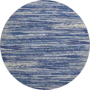 Photo of 8' Navy Blue Ivory And Gray Striped Washable Round Rug With UV Protection