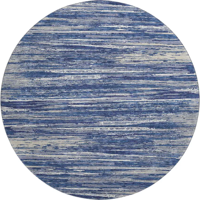 8' Navy Blue Ivory And Gray Striped Washable Round Rug With UV Protection Photo 1