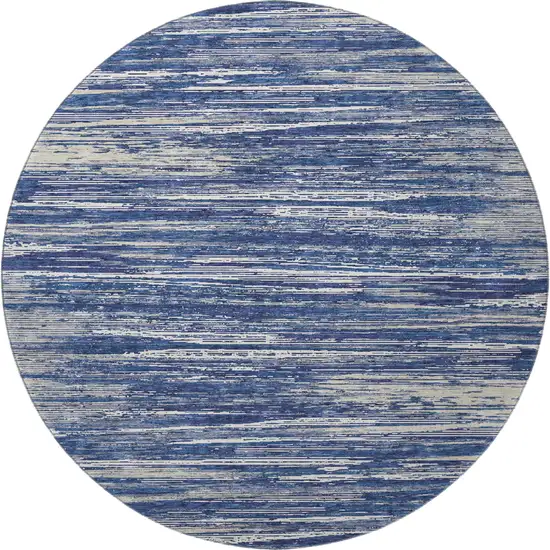 8' Navy Blue Ivory And Gray Striped Washable Round Rug With UV Protection Photo 3