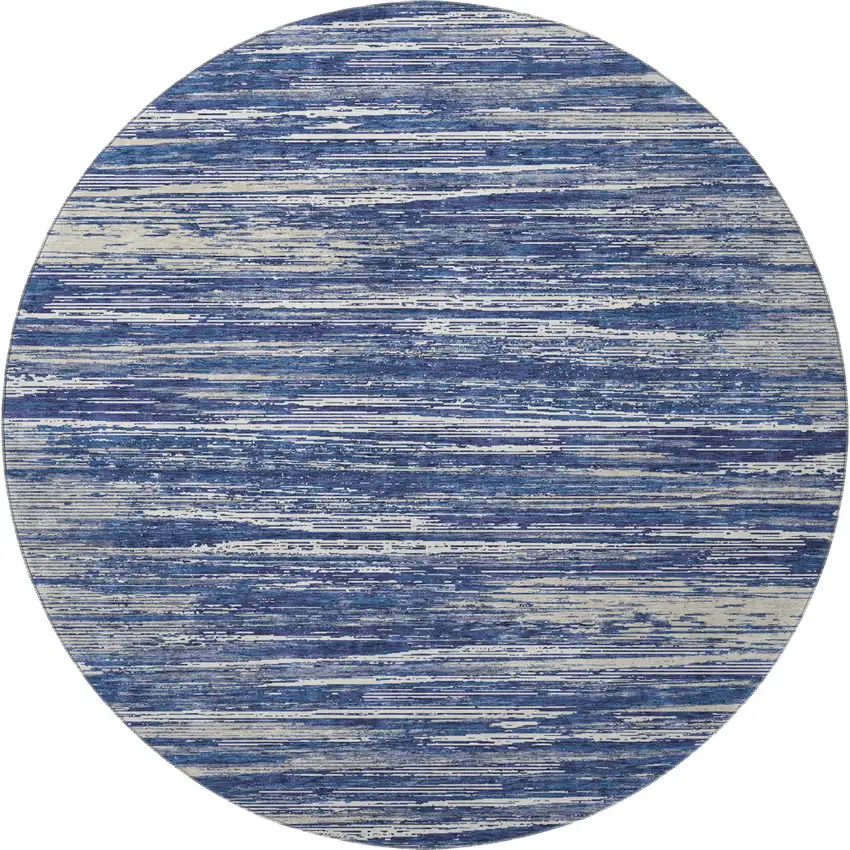 8' Navy Blue Ivory And Gray Striped Washable Round Rug With UV Protection Photo 3