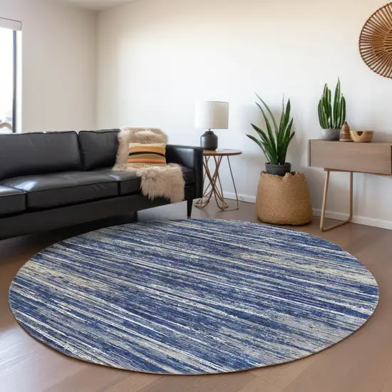 8' Navy Blue Ivory And Gray Striped Washable Round Rug With UV Protection Photo 4