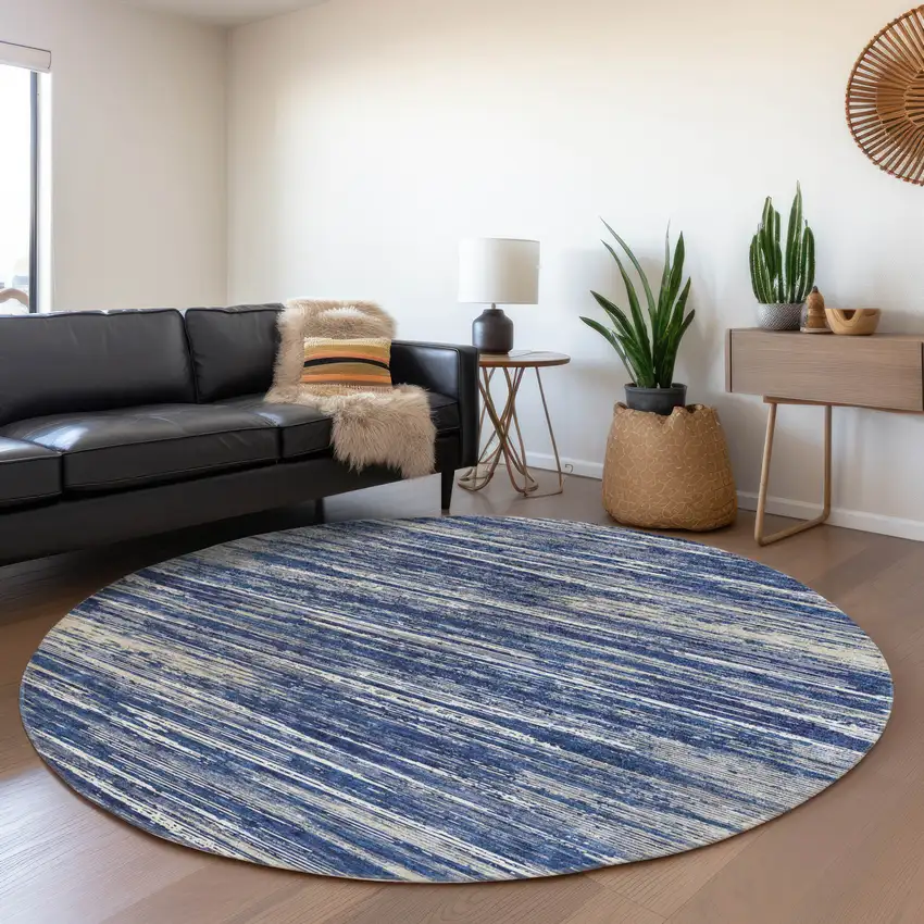 8' Navy Blue Ivory And Gray Striped Washable Round Rug With UV Protection Photo 4