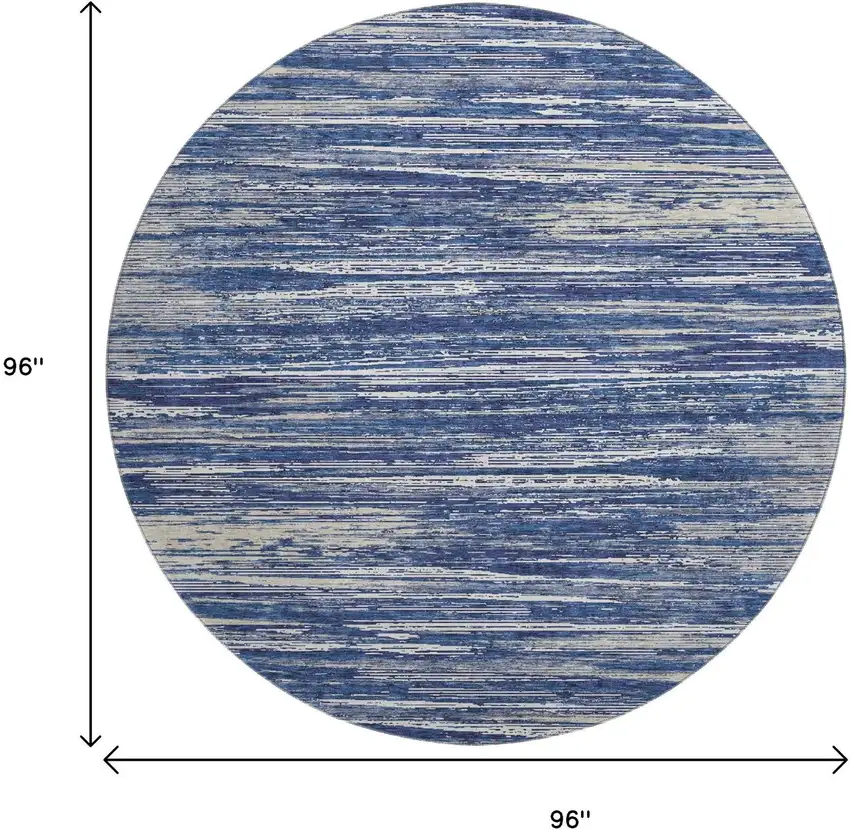 8' Navy Blue Ivory And Gray Striped Washable Round Rug With UV Protection Photo 9