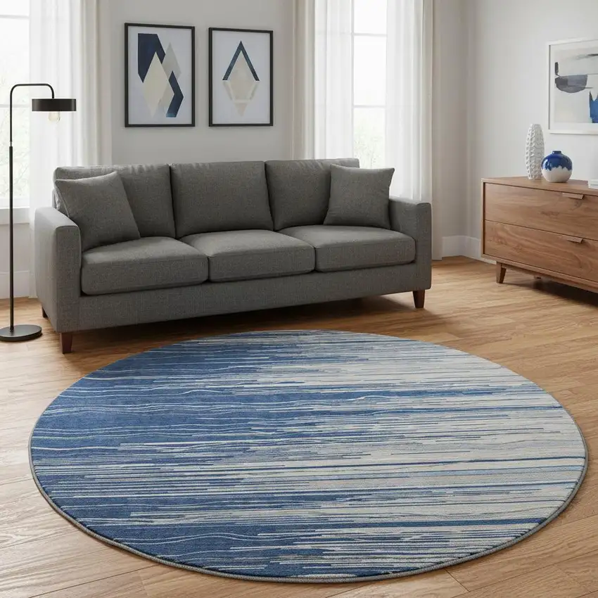 8' Navy Blue Ivory And Gray Striped Washable Round Rug With UV Protection Photo 2