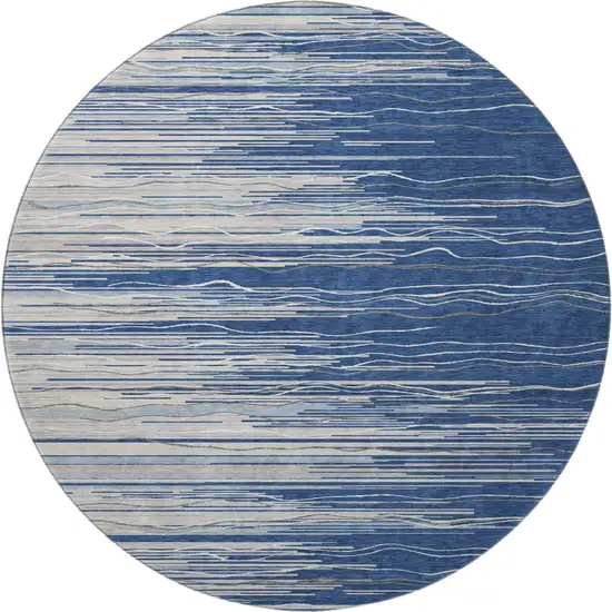 8' Navy Blue Ivory And Gray Striped Washable Round Rug With UV Protection Photo 3