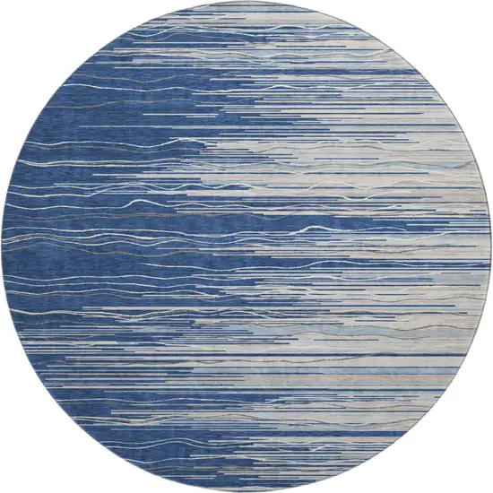 8' Navy Blue Ivory And Gray Striped Washable Round Rug With UV Protection Photo 1