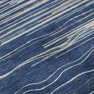 Photo of 8' Navy Blue Ivory And Gray Striped Washable Round Rug With UV Protection