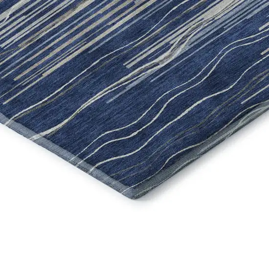 8' Navy Blue Ivory And Gray Striped Washable Round Rug With UV Protection Photo 6