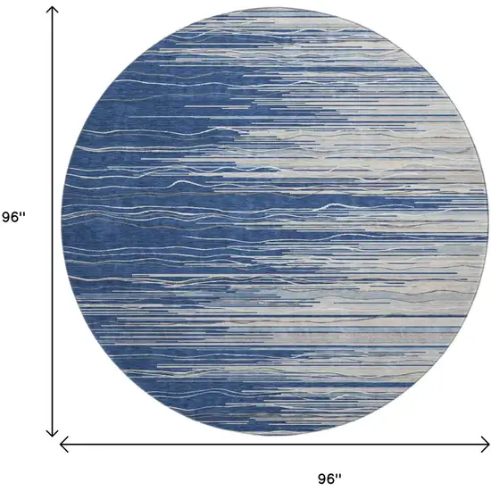 8' Navy Blue Ivory And Gray Striped Washable Round Rug With UV Protection Photo 9