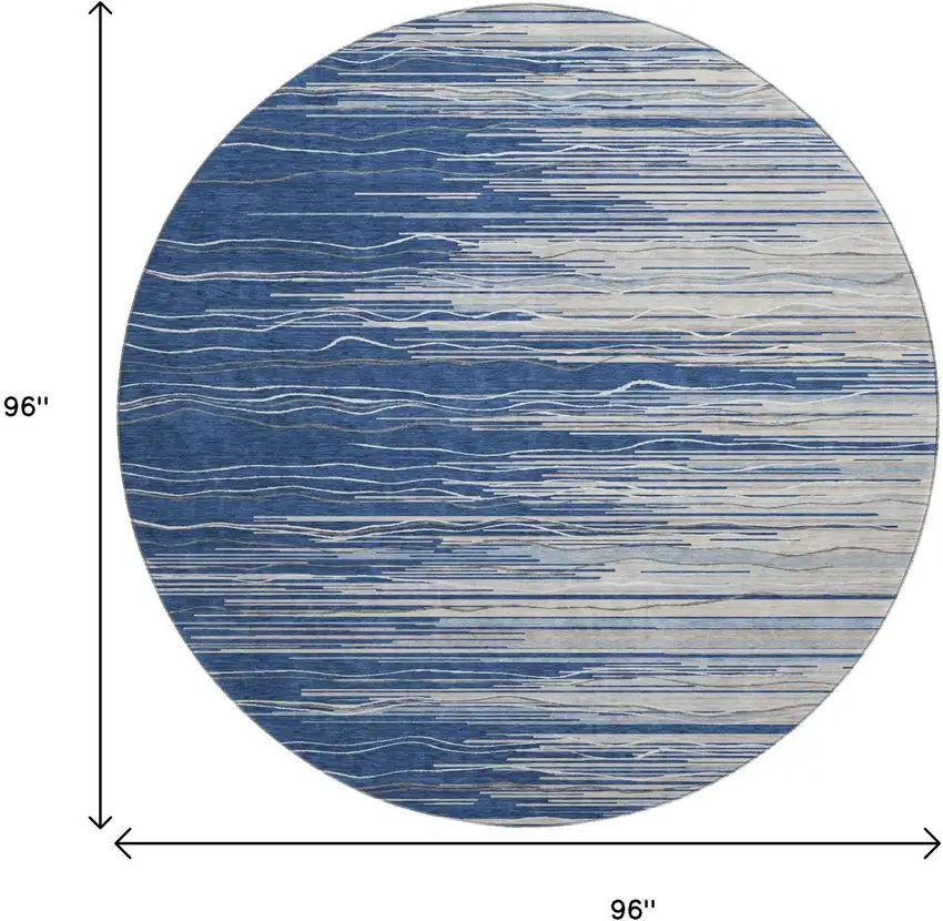 8' Navy Blue Ivory And Gray Striped Washable Round Rug With UV Protection Photo 9