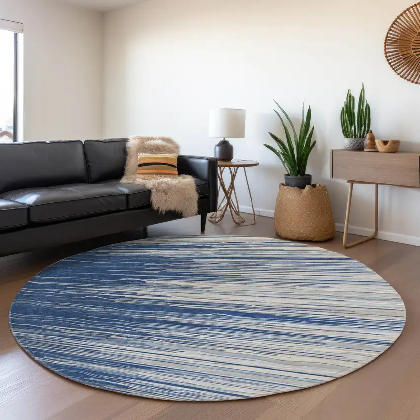 8' Navy Blue Ivory And Gray Striped Washable Round Rug With UV Protection Photo 4