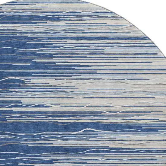 8' Navy Blue Ivory And Gray Striped Washable Round Rug With UV Protection Photo 2