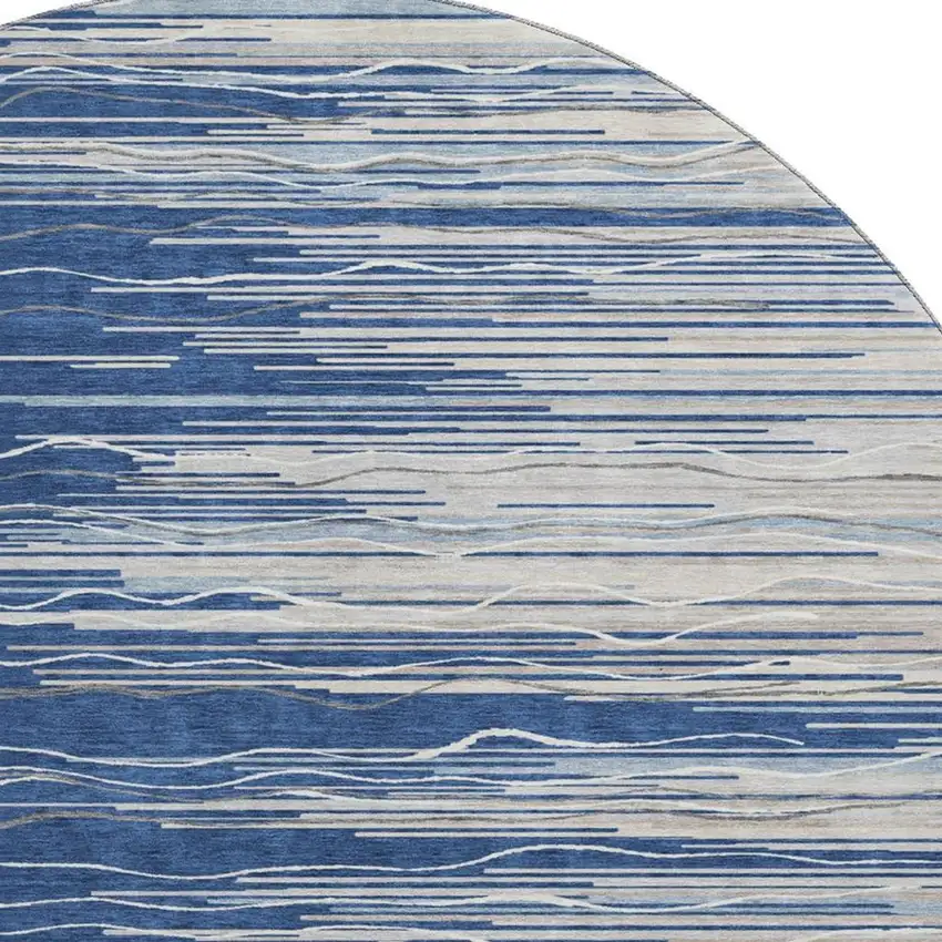 8' Navy Blue Ivory And Gray Striped Washable Round Rug With UV Protection Photo 2
