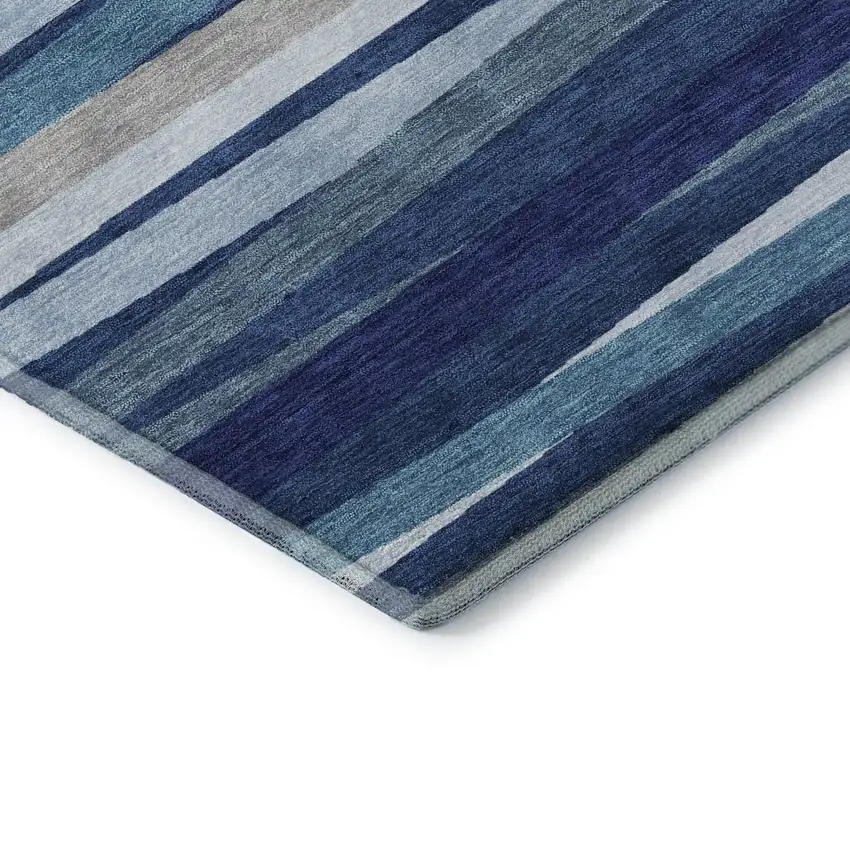 8' Navy Blue Ivory And Gray Striped Washable Round Rug With UV Protection Photo 6