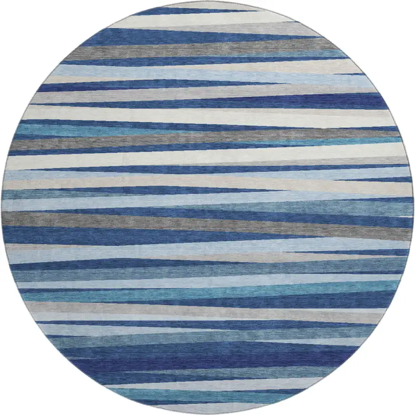 8' Navy Blue Ivory And Gray Striped Washable Round Rug With UV Protection Photo 4