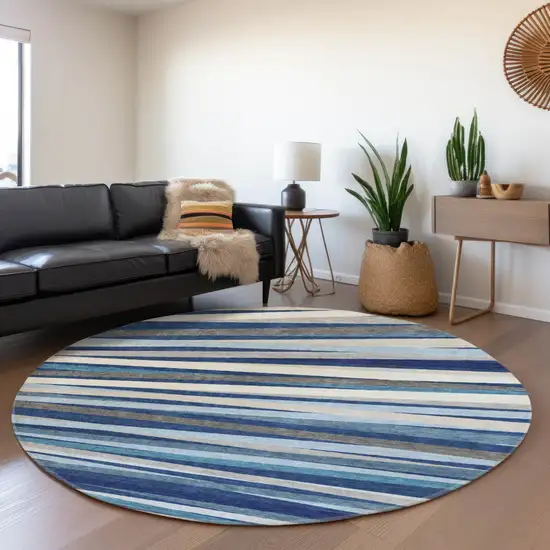 8' Navy Blue Ivory And Gray Striped Washable Round Rug With UV Protection Photo 3