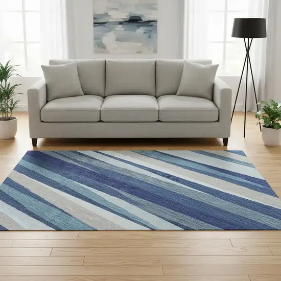 8' Navy Blue Ivory And Gray Striped Washable Round Rug With UV Protection Photo 2