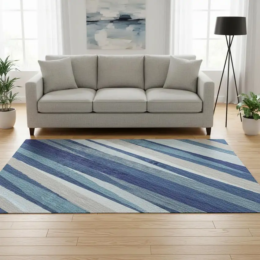 8' Navy Blue Ivory And Gray Striped Washable Round Rug With UV Protection Photo 2