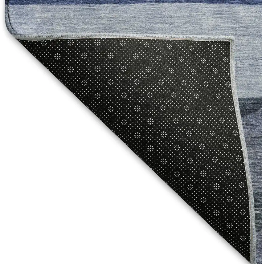 8' Navy Blue Ivory And Gray Striped Washable Round Rug With UV Protection Photo 4