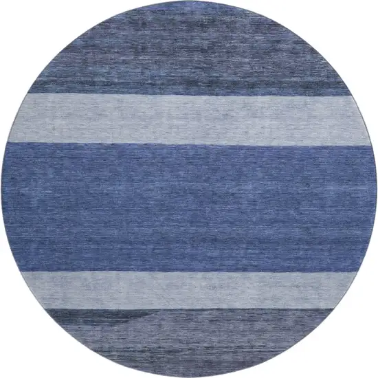 8' Navy Blue Ivory And Gray Striped Washable Round Rug With UV Protection Photo 1