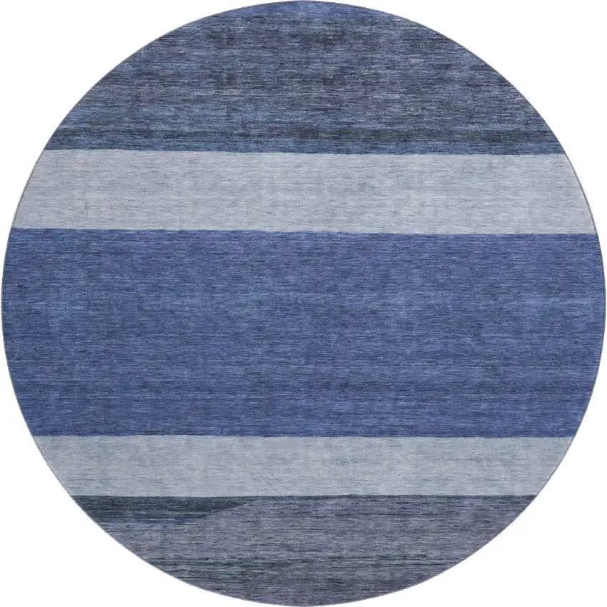 8' Navy Blue Ivory And Gray Striped Washable Round Rug With UV Protection Photo 1