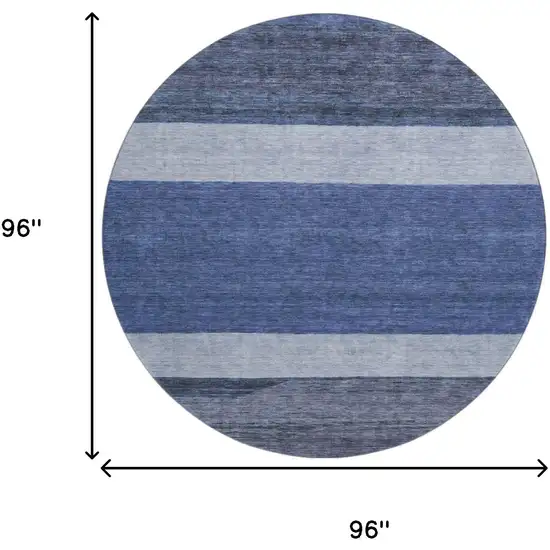 8' Navy Blue Ivory And Gray Striped Washable Round Rug With UV Protection Photo 8