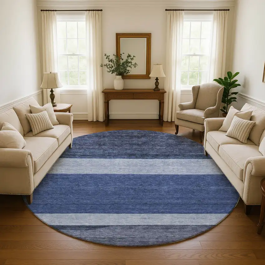 8' Navy Blue Ivory And Gray Striped Washable Round Rug With UV Protection Photo 3